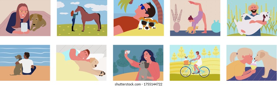 A collection of cute funny men and women spending time with their pets, walking, hugging and playing with them. Set of scenes with pet owners. Flat cartoon colorful vector illustration.