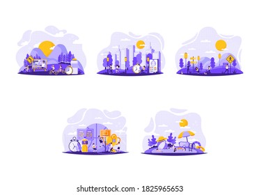 Collection of cute funny men and women performing various sports activities. Bundle of happy training or exercising people. illustration in tiny people. Vector illustration
