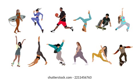 Collection of cute funny men and women performing various sports activities. Bundle of happy training or exercising people isolated on white background. Vector realistic illustration in cartoon style.