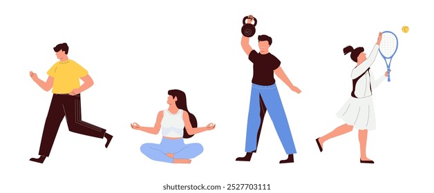 Colección de hombres y mujeres divertidos lindos que realizan diversas actividades deportivas. Paquete de la gente feliz del entrenamiento o del ejercicio aislada en el fondo blanco. Ilustración vectorial en estilo plano de dibujos animados.