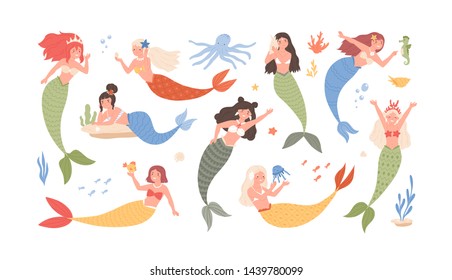 Colección de sirenas graciosas y lindas aisladas sobre fondo blanco. Conjunto de adorables criaturas de cuento de hadas o mitológicas. Conjunto de princesas submarinas. Dibujo vectorial colorido de dibujos planos.