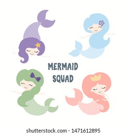 Collection of cute funny mermaids, with quote Mermaid Squad. Isolated objects on white background. Hand drawn vector illustration. Flat style design. Color drawing. Concept for summer children print.