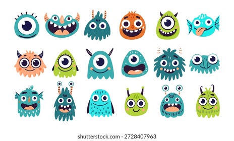 Colección de lindos personajes de monstruos divertidos en estilo de Vector plano brillante. Perfecto para diseños infantiles, pegatinas, juegos, App, educación, temas de Halloween, emojis, carteles, marcas e ilustraciones divertidas