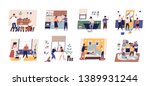 Collection of cute funny people doing housework. Set of men, women and children washing dishes, cleaning windows, vacuuming carpet, folding clothes, making bed. Flat cartoon vector illustration.