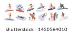 Collection of cute funny people in swimwear surfing in sea or ocean. Bundle of happy surfers in beachwear with surfboards isolated on white background. Colorful flat cartoon vector illustration.