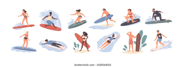 Коллекция милых забавных людей в купальниках для серфинга в море или океане. Набор счастливых серферов в пляжной одежде с досками для серфинга, изолированными на белом фоне. Красочная плоская векторная иллюстрация мультфильма.
