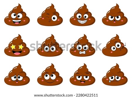 Collection of Cute funny poop with different mood. Set of cartoon poo emoji faces in different expressions - happy, sad, cry, fear, crazy. Vector illustration EPS8 