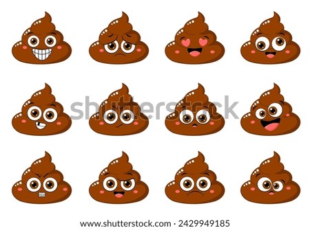 Collection of Cute funny poop with different mood. Set of cartoon poo emoji faces in different expressions - happy, sad, cry, fear, crazy. Vector illustration EPS8 