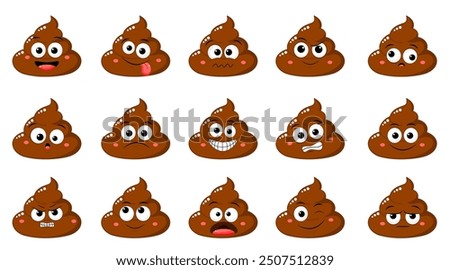 Collection of Cute funny poop with different mood. Set of cartoon poo emoji faces in different expressions - happy, sad, cry, fear, crazy. Vector illustration EPS8 