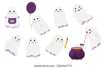 Collection of cute funny positive Halloween ghosts. ghost with candles, ghost with balloon, ghost preparing a Halloween potion, ghost in apron, funny ghosts.