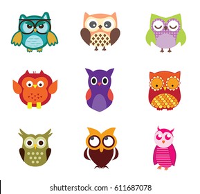 Collection of cute funny retro decorative colorful abstract owls birds.Intricate vector illustration.Cartoon characters.Use for scrapbook,wallpaper, stationary,art,greeting card,backdrop,background. 