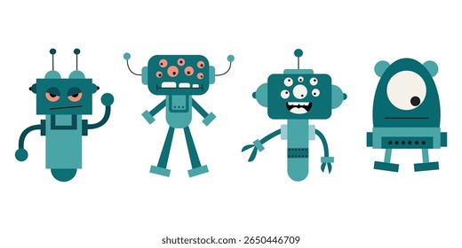 A collection of cute and funny robot characters in flat vector style. Ideal for children’s illustrations, sci-fi themes, educational materials, or tech-related designs.