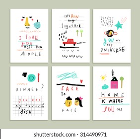 Collection of cute funny romantic cards. Wedding, anniversary, birthday, Valentin's day, party invitations. Isolated.