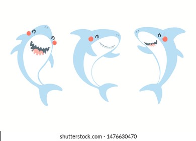 Collection of cute funny sharks. Isolated objects on white background. Hand drawn vector illustration. Flat style design. Color drawing. Concept for summer children print.