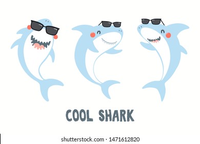 Collection of cute funny sharks in sunglasses, with quote Cool Shark. Isolated objects on white background. Hand drawn vector illustration. Flat style design. Color drawing. Concept for children print