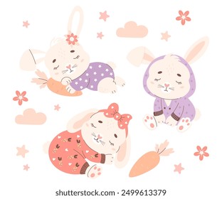 Collection cute funny sleeping animals rabbits in pajamas with carrot. Vector illustration. Kids collection in pastel colors