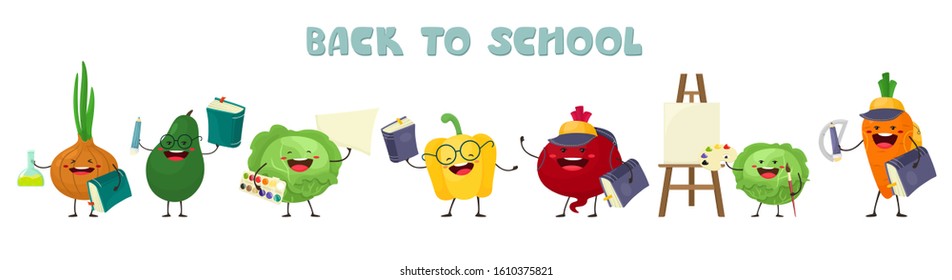 Collection of cute and funny vegetables for schoolchildren. Vector isolates in cartoon flat style. Back to school, vegetables