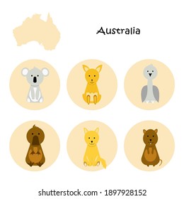 Collection of cute funny wild animals of Australia. Koala, kangaroo, emu, platypus, dingo, quokka.