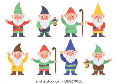 Collection cute of garden gnome or dwarfs holding lantern, banner, mushroom, watering can. Set of cute fairytale character. Classic Garden gnomes in colorful outfits different situations. Vector.