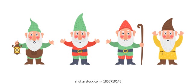 Collection cute of garden gnome or dwarfs holding lantern, banner, mushroom, watering can. Set of cute fairytale character. Classic Garden gnomes in colorful outfits different situations. Vector.