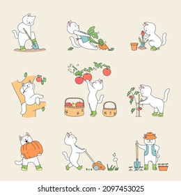 Collection of cute gardener kittens. Cute illustrations of funny white cats working in the garden isolated on a white background. Vector 10 EPS.