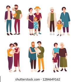 Collection of cute gay and lesbian couples standing together with their children. Happy homosexual families with kids. Flat cartoon characters isolated on white background. Vector illustration.