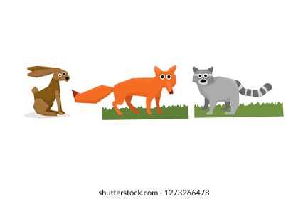 Collection of cute geometric animals, hare, fox, raccoon vector Illustration