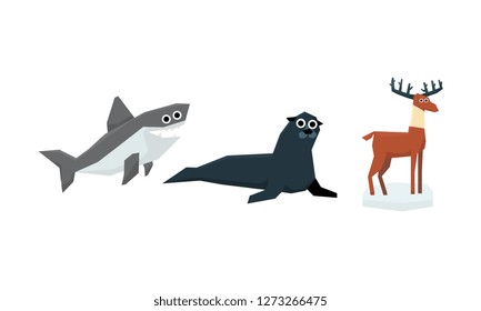 Collection of cute geometric animals, shark, fur seal, elk vector Illustration