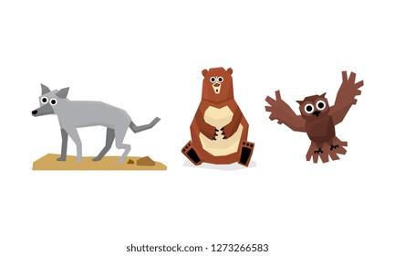 Collection of cute geometric forest animals, wolf, bear, owl bird vector Illustration