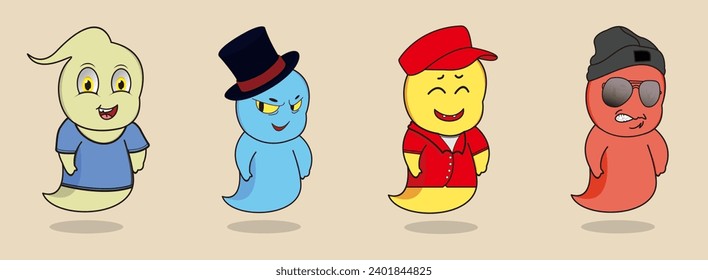 A collection of cute ghost characters with various fashion styles and different facial expressions for your Halloween day. Cute Ghost.