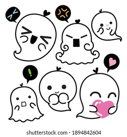 collection of cute ghosts cartoon character. Cute spooky character, Halloween ghost with speech bubble. wow. Isolated vector illustration.