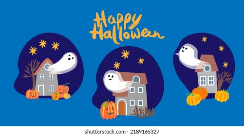 collection of cute ghosts cartoon character. ghost flies out the window of the house. Isolated vector illustration.