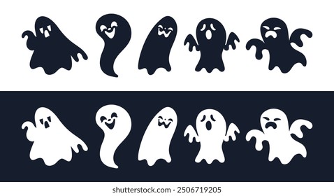Collection of cute ghosts floating with different facial expressions, screaming, laughing and smiling