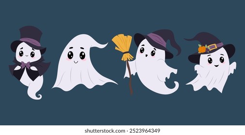 Collection of cute ghosts isolated on coloured background. Ghosts in different Halloween costumes. Vector flat illustration in hand drawn style.