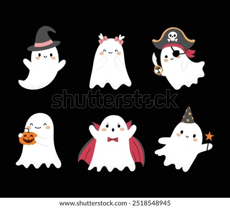 Collection of cute ghosts isolated on black background. Ghosts in various costumes for Halloween. Vector flat illustration in hand drawn style. 