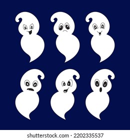 Collection of cute ghosts for kids with emotions.  Separate isolated design element on dark background.