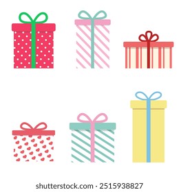 Collection of cute gift box minimal style. Set of gift boxes with ribbon for Christmas, new year or any occasion. Gift boxes collection vector isolated on white background.