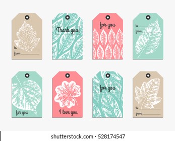 Collection Of Cute Gift Tag With Handcrafted Texture Leaves Imprints. Tag, Card, Label, Banner Design Set. Vector. Wedding, Anniversary, Birthday, Valentin's Day. Gift Tag With Caption Thank You