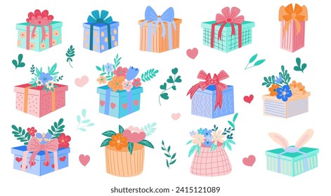 Collection of cute gifts for spring holidays Valentine's day, Easter decorated with flowers, leaves and bows, illustrations in a flat Hand -drawn cartoon style.