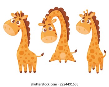 Collection of cute giraffe. Vector illustration. Isolated funny animal in cartoon style for design of card, printing, decor and kids collection