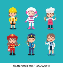 Collection of cute girl in different profession. Labor day clip art. Flat vector cartoon design