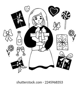 Collection cute girl with gifts, holiday boxes, sweets, flowers and glasses with bottle. Vector illustration. Isolated drawings doodle. Female character for design of holiday themes