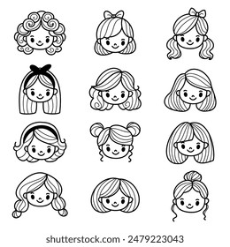 Collection of cute girls with different hairstyles in black and white, hand drawn line art, cartoon style. Perfect for kid's products.