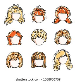 Collection of cute girls faces, vector human head flat illustrations. Set of red-haired and blonde teenage girls, little schoolgirls avatars clipart.