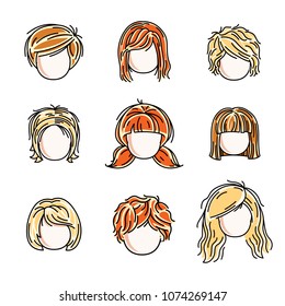 Collection of cute girls faces, vector human head flat illustrations. Set of red-haired and blonde teenage girls, little schoolgirls avatars clipart.