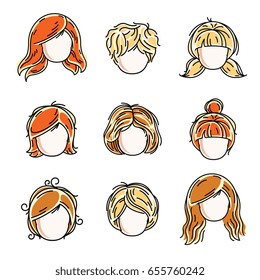 Collection of cute girls faces, vector human head flat illustrations. Set of red-haired and blonde teenage girls, little schoolgirls avatars clipart.