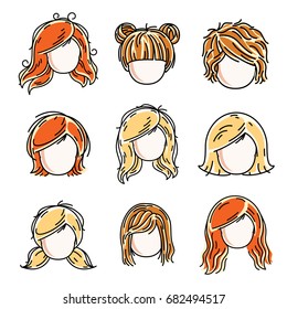 Collection of cute girls faces, vector human head flat illustrations. Set of red-haired and blonde teenage girls, little schoolgirls avatars clipart.