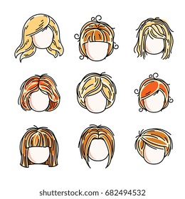 Collection of cute girls faces, vector human head flat illustrations. Set of red-haired and blonde teenage girls, little schoolgirls avatars clipart.