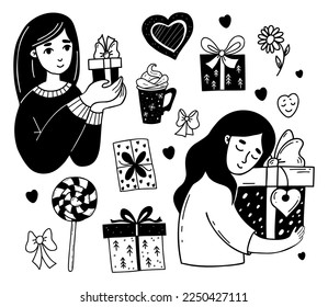 Collection cute girls with gifts, holiday boxes, sweets, flower, lollipop and heart. Vector illustration. Isolated drawings doodle. Female character for design of holiday themes, shopping