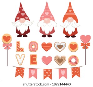 The collection of cute gnomes and cookie in valentine's day theme with flat vector style.Graphic resource background, graphic,content , banner, sticker label and greeting card.
